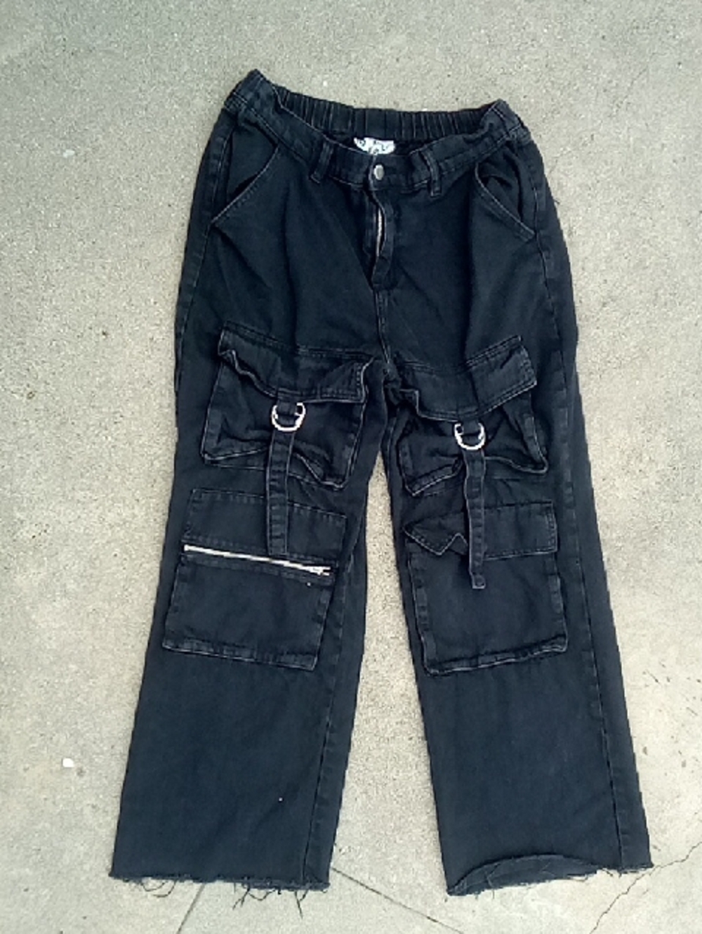 PCTL Black Cargo Buckle Wide Leg Baggy Grunge Denim Utility Jeans Size 30